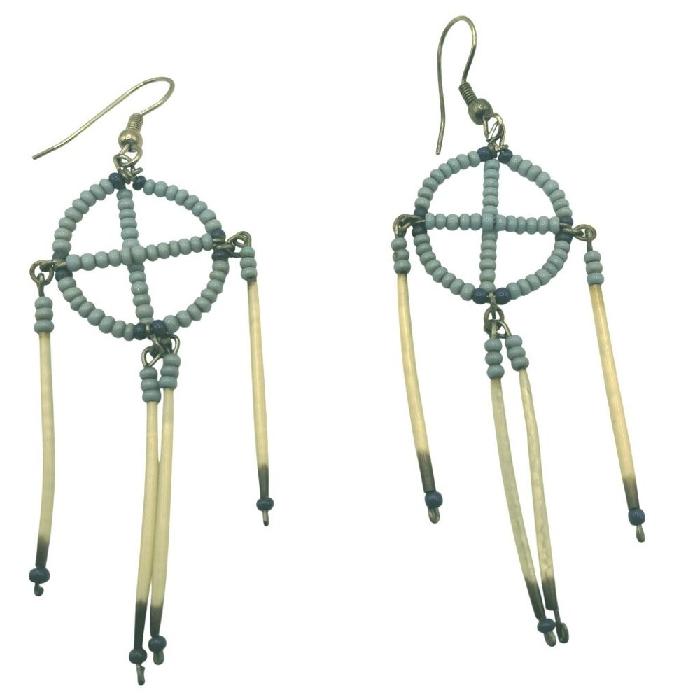 Dreamcatcher Dangle Earrings Porcupine Quill Tassels Blue White Beaded Handcraft